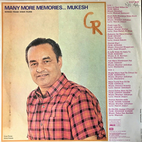 Mukesh - Many More Memoriesâ€¦ (Songs From Hindi Films) (Vinyl) Image