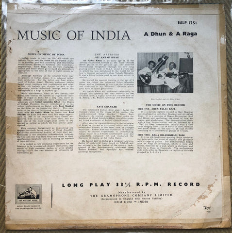 Ravi Shankar, Ali Akbar Khan With Kanai Dutta And NC Kumar And Ashish Kumar - Music Of India: Ā Dhun And Ā Raga (Vinyl)