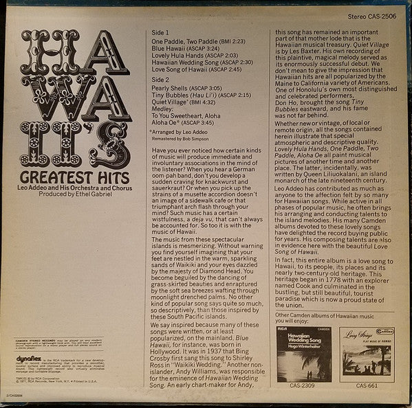 Leo Addeo And His Orchestra - Hawaii's Greatest Hits (Vinyl) Image