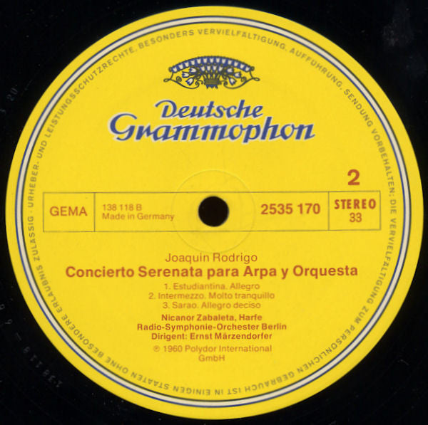 JoaquÃ­n Rodrigo, Siegfried Behrend, Nicanor Zabaleta - Concierto De Aranjuez / Konzertserenade FÃ¼r Harfe (Vinyl) Image