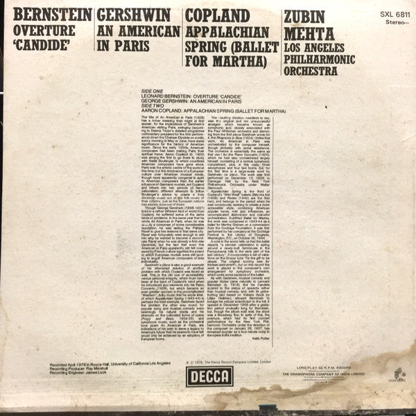 Leonard Bernstein / George Gershwin / Aaron Copland, Los Angeles Philharmonic Orchestra, Zubin Mehta - Overture 'Candide' / An American In Paris / Appalachian Spring (Vinyl) Image