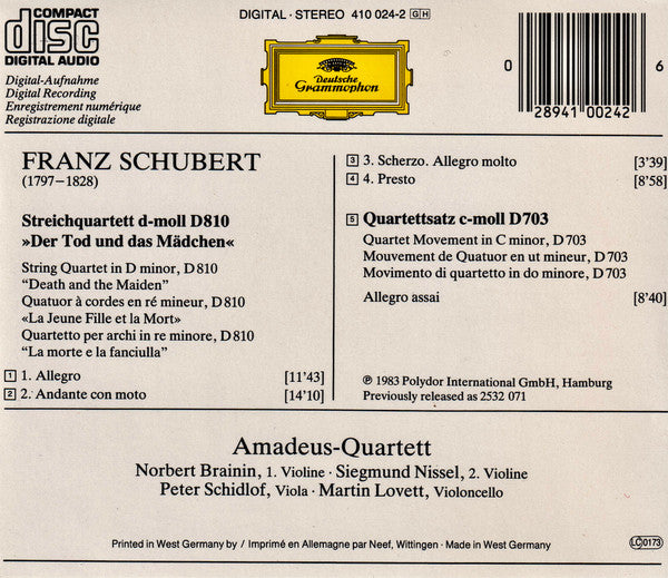 Franz Schubert, Amadeus-Quartett - Der Tod Und Das Madchen = Death And The Maiden = La Jeune Fille Et La Mort, D 810 â€¢ Quartettsatz = Mouvement De Quatuor, D 703 (CD) Image