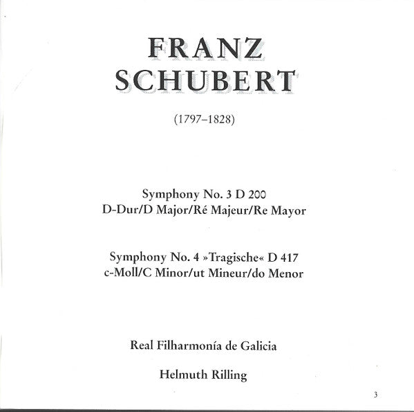 Franz Schubert, Helmuth Rilling, Real Filharmonía De Galicia - Symphonies Nos. 3 & 4 (CD)