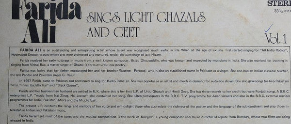Farida Ali - Sings Light Ghazals And Geet - Vol. 1 (Vinyl)
