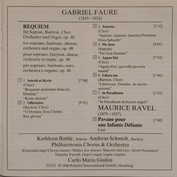 Gabriel Fauré / Maurice Ravel - Kathleen Battle, Andreas Schmidt (2), Philharmonia Chorus, Philharmonia Orchestra, Carlo Maria Giulini - Requiem / Pavane Pour Une Infante Défunte (CD)