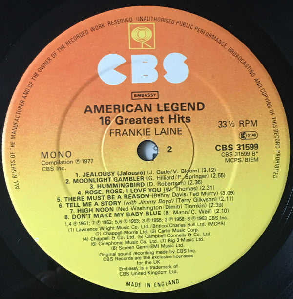 Frankie Laine - American Legend -16 Greatest Hits (Vinyl)