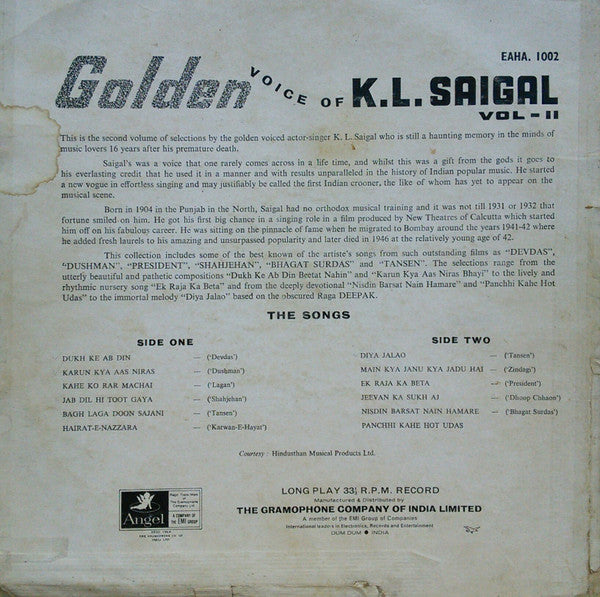 K. L. Saigal - The Golden Voice Of K.L. Saigal - Vol. 2 (Vinyl) Image