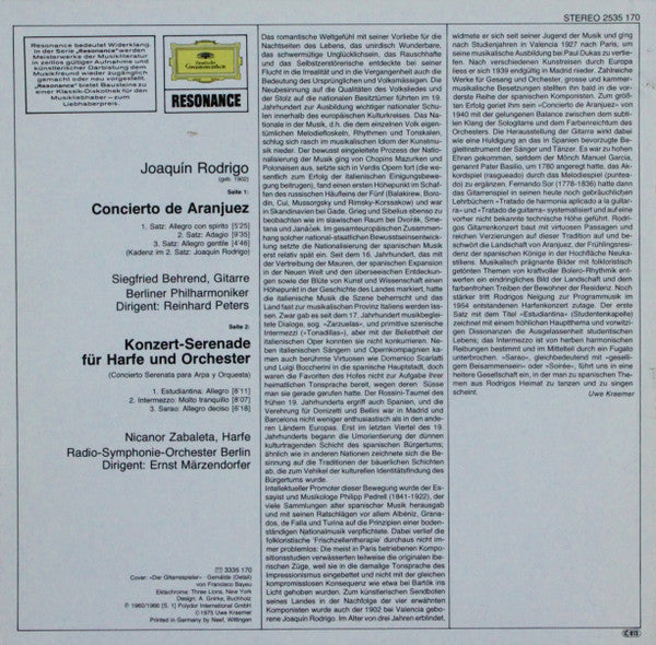 JoaquÃ­n Rodrigo, Siegfried Behrend, Nicanor Zabaleta - Concierto De Aranjuez / Konzertserenade FÃ¼r Harfe (Vinyl) Image