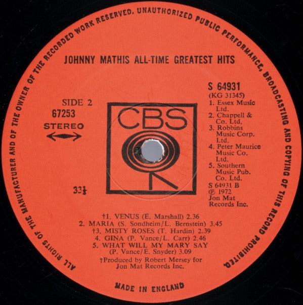 Johnny Mathis - Johnny Mathis' All-Time Greatest Hits (Vinyl) (2 LP) Image