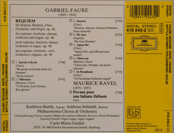 Gabriel Fauré / Maurice Ravel - Kathleen Battle, Andreas Schmidt (2), Philharmonia Chorus, Philharmonia Orchestra, Carlo Maria Giulini - Requiem / Pavane Pour Une Infante Défunte (CD)