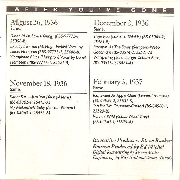 Benny Goodman - After You've Gone (The Original Benny Goodman Trio And Quartet Sessions - Vol. 1) (CD) Image