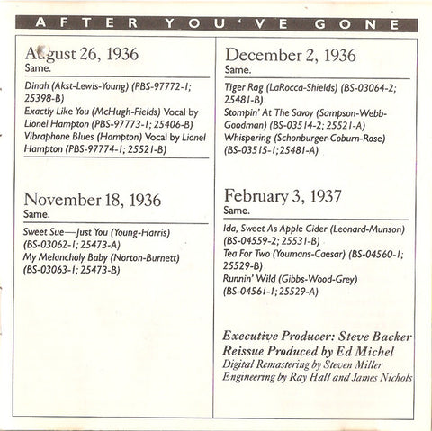 Benny Goodman - After You've Gone (The Original Benny Goodman Trio And Quartet Sessions - Vol. 1) (CD) Image