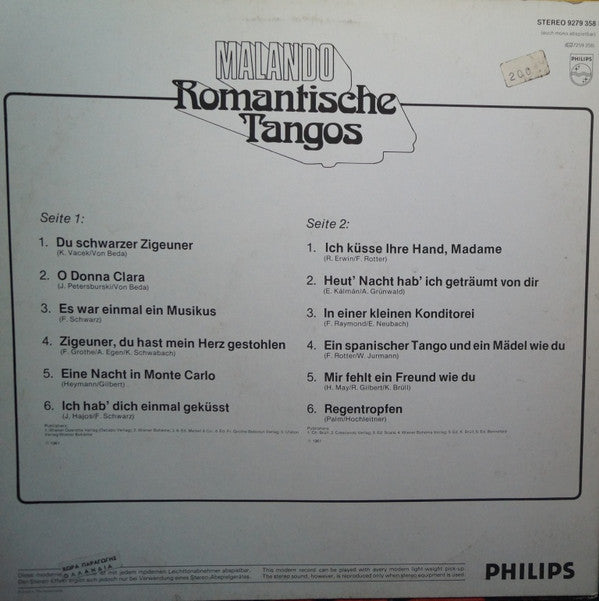 Malando And His Tango Orchestra - Romantische Tangos (Vinyl) Image