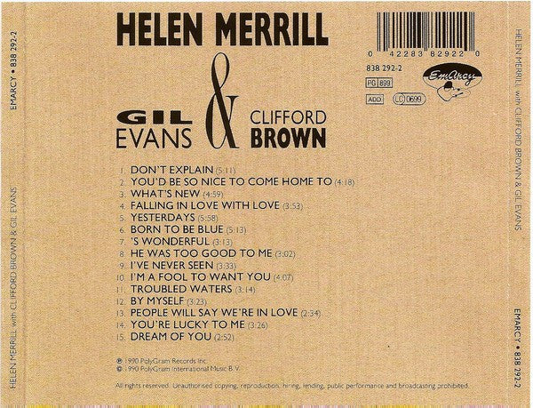 Helen Merrill, Gil Evans & Clifford Brown - Helen Merrill With Clifford Brown & Gil Evans (CD) Image