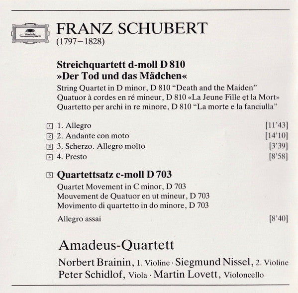 Franz Schubert, Amadeus-Quartett - Der Tod Und Das Madchen = Death And The Maiden = La Jeune Fille Et La Mort, D 810 â€¢ Quartettsatz = Mouvement De Quatuor, D 703 (CD) Image