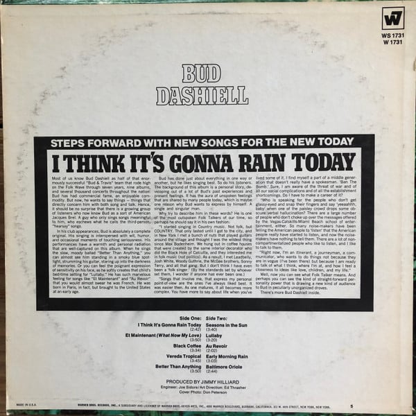 Bud Dashiell - I Think It's Gonna Rain Today (Promo) (Vinyl)