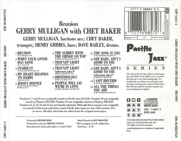Gerry Mulligan Quartet With Chet Baker - Reunion With Chet Baker (CD) Image