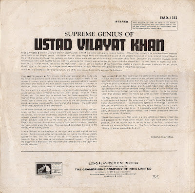Vilayat Khan - The Supreme Genius Of Ustad Vilayat Khan (Vinyl) Image