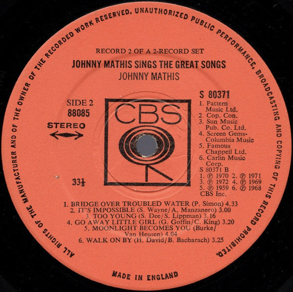 Johnny Mathis - Johnny Mathis Sings The Great Songs (Vinyl) (2 LP) Image