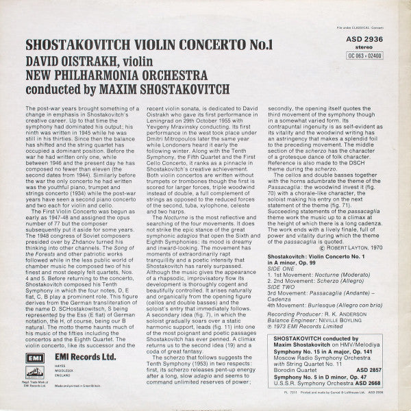 Dmitri Shostakovich, David Oistrach, New Philharmonia Orchestra, Maxim Shostakovich - Violin Concerto No. 1 (Vinyl) Image