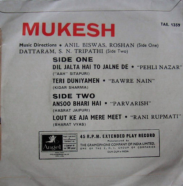 Mukesh - Dil Jalta Hai To Jalne De (45-RPM) Image