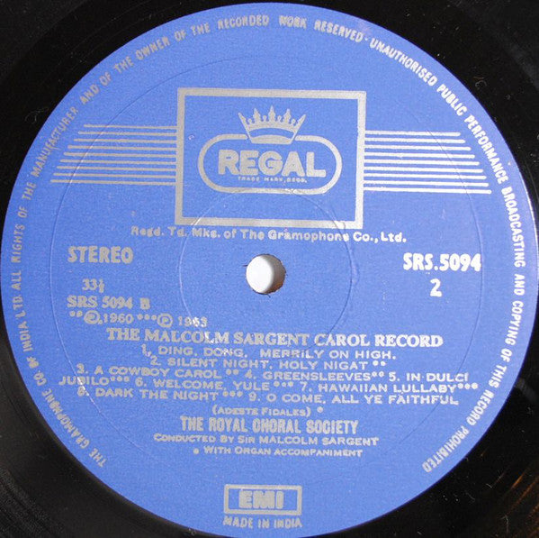 Royal Choral Society, The Conducted By Sir Malcolm Sargent - The Malcolm Sargent Carol Record (Vinyl) Image