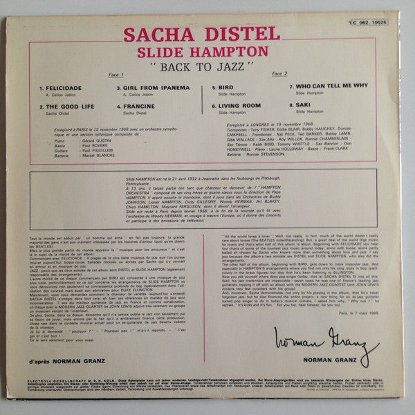 Sacha Distel With Slide Hampton - Back To Jazz (Vinyl) Image