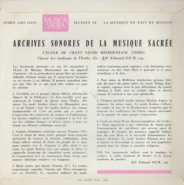 ChÅ“ur Des Ã‰tudiants De L'Ã‰cole De Musique SacrÃ©e De BanarÃ¨s - Chants SacrÃ©s De L'Inde (45-RPM) Image