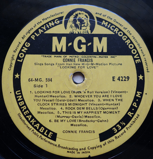 Connie Francis - Sings Songs From Her New MGM Motion Picture "Looking For Love" (Vinyl) Image