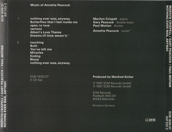 Marilyn Crispell / Gary Peacock / Paul Motian - Nothing Ever Was, Anyway. Music Of Annette Peacock (CD) (2 CD) Image