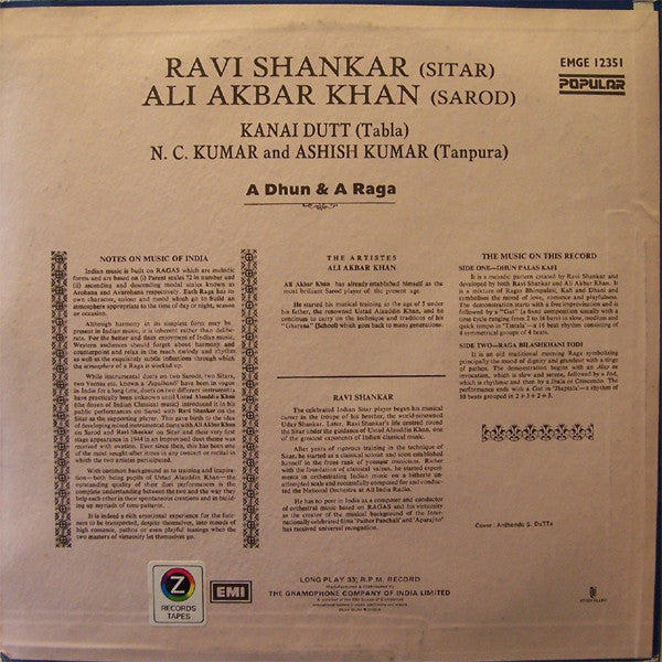 Ravi Shankar, Ali Akbar Khan With Kanai Dutta And NC Kumar And Ashish Kumar - A Dhun & A Raga (Vinyl) Image