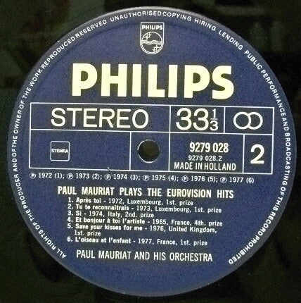 Paul Mauriat - Paul Mauriat Plays Eurovision Hits (Vinyl) Image