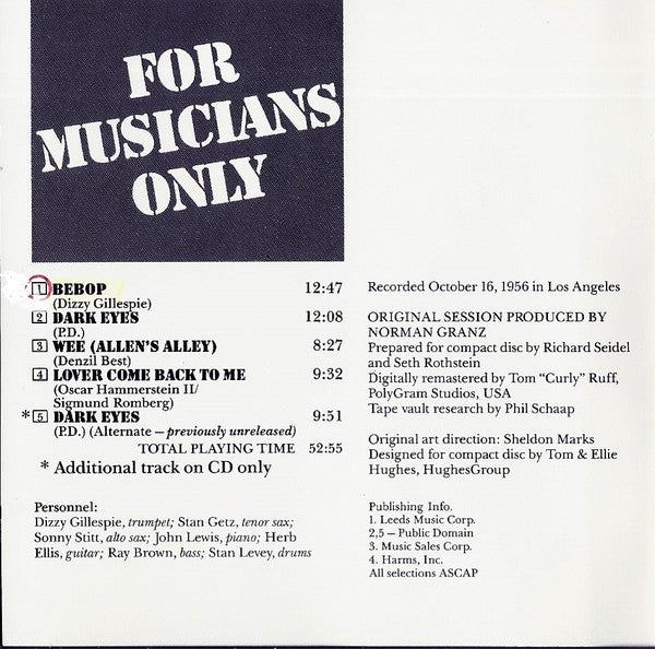 Dizzy Gillespie â€¢ Stan Getz â€¢ Sonny Stitt - For Musicians Only (CD) Image