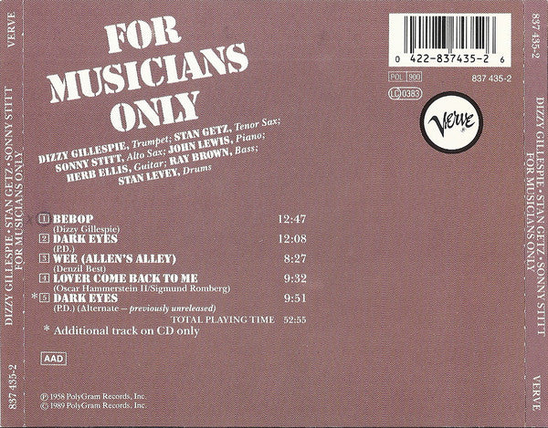 Dizzy Gillespie â€¢ Stan Getz â€¢ Sonny Stitt - For Musicians Only (CD) Image