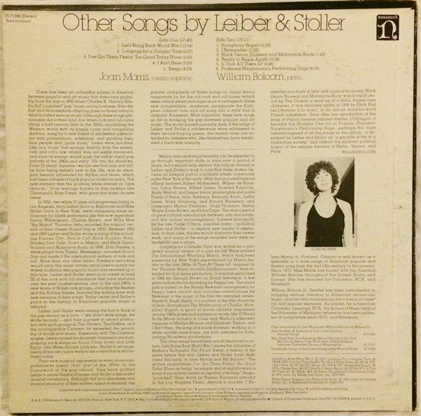 Joan Morris And William Bolcom - Other Songs By Leiber & Stoller (Vinyl) Image