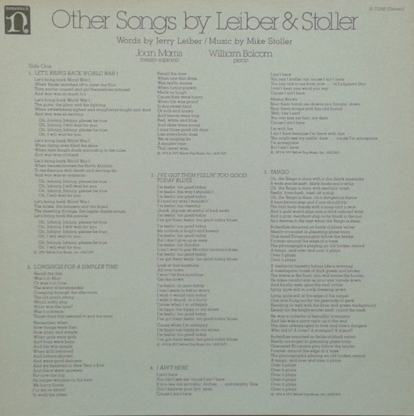 Joan Morris And William Bolcom - Other Songs By Leiber & Stoller (Vinyl) Image