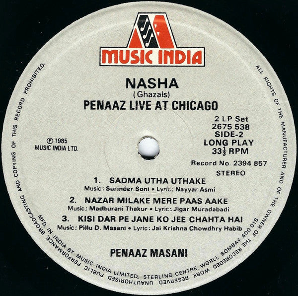 Penaz Masani = Penaz Masani - Nasha (Ghazals) = à¤¨à¤¶à¤¾ = Ù†Ø´Û (Penaaz Live At Chicago) (Vinyl) (2 LP) Image