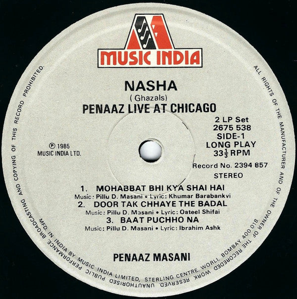 Penaz Masani = Penaz Masani - Nasha (Ghazals) = à¤¨à¤¶à¤¾ = Ù†Ø´Û (Penaaz Live At Chicago) (Vinyl) (2 LP) Image