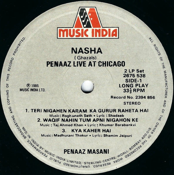 Penaz Masani = Penaz Masani - Nasha (Ghazals) = à¤¨à¤¶à¤¾ = Ù†Ø´Û (Penaaz Live At Chicago) (Vinyl) (2 LP) Image