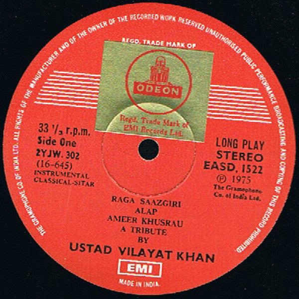 Vilayat Khan - Ameer Khusrau A Tribute By Ustad Vilayat Khan (Vinyl) Image