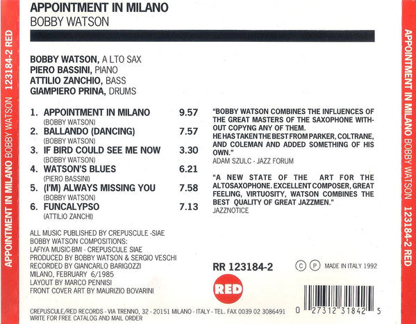 Bobby Watson (2) - Appointment In Milano (CD) Image