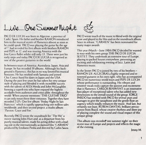 Paco De Lucia Sextet - Live... One Summer Night (CD) Image