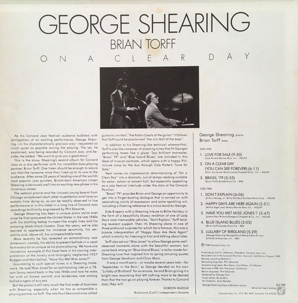 George Shearing & Brian Torff - On A Clear Day (Vinyl) Image