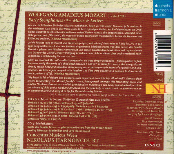 Wolfgang Amadeus Mozart, Nikolaus Harnoncourt, Concentus Musicus Wien - Early Symphonies - Music & Letters - (CD) (3 CD) Image