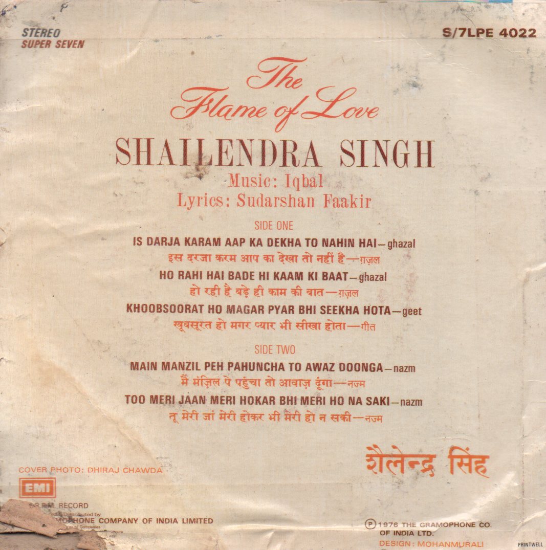 Iqbal - Shailendra Singh - The Flame of Love - Ghazals & Nazms (45-RPM) Image