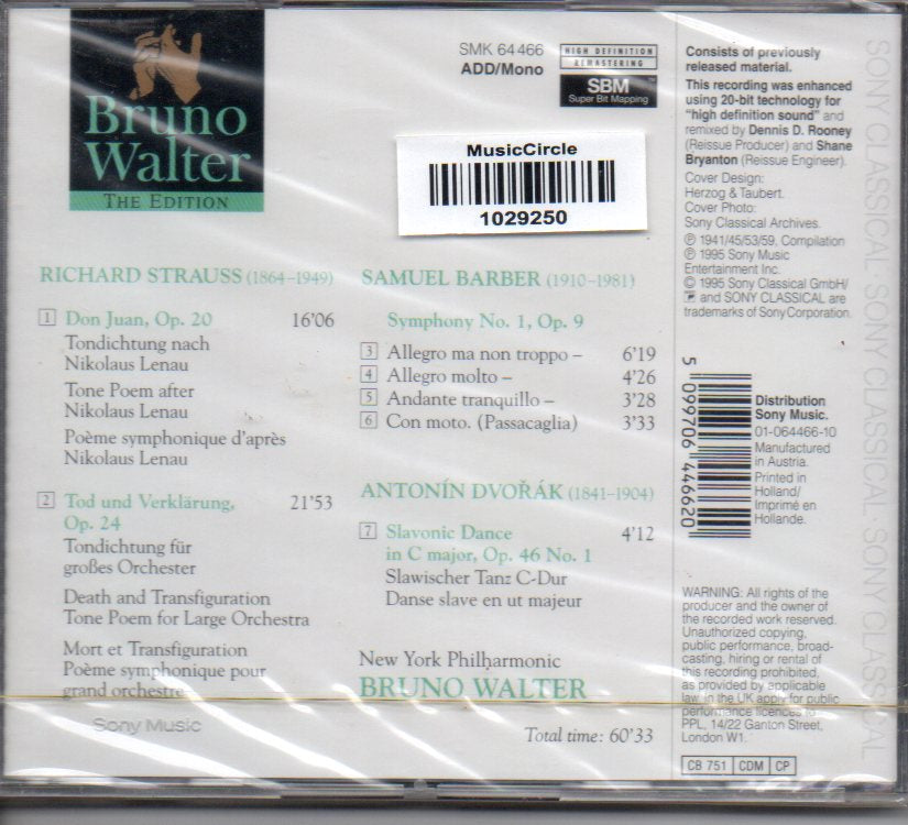 Strauss - Barber - Dvorak - Bruno Walter - NY Philharmonic (CD) Image