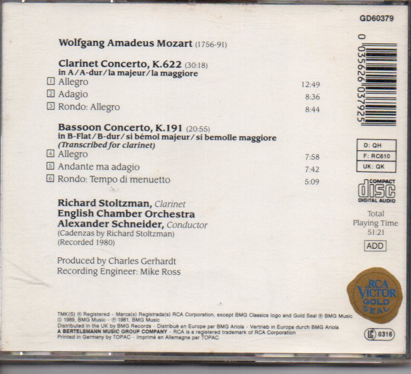 Mozart - Clarinet, Bassoon Concerto - Richard Stoltzman (CD) Image